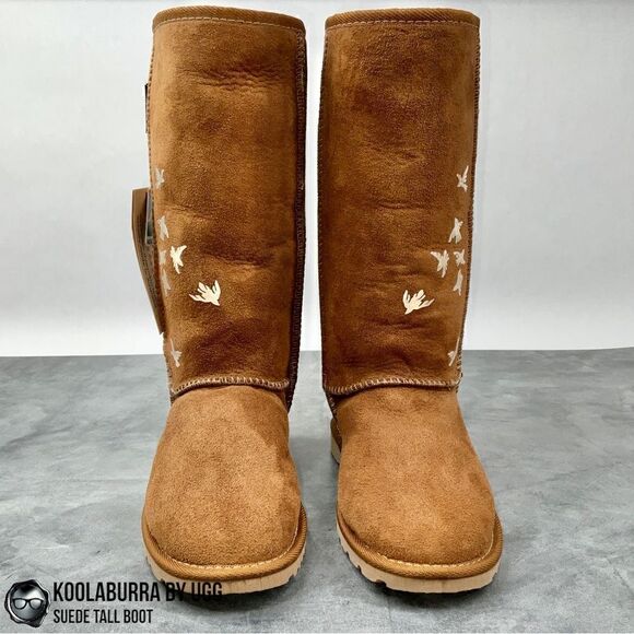 UGG KOOLABURRA PEACE TALL BOOTS CHESTNUT SUEDE SHEEPSKIN FLYING BIRDS DOVE FLOCK - Picture 6 of 16